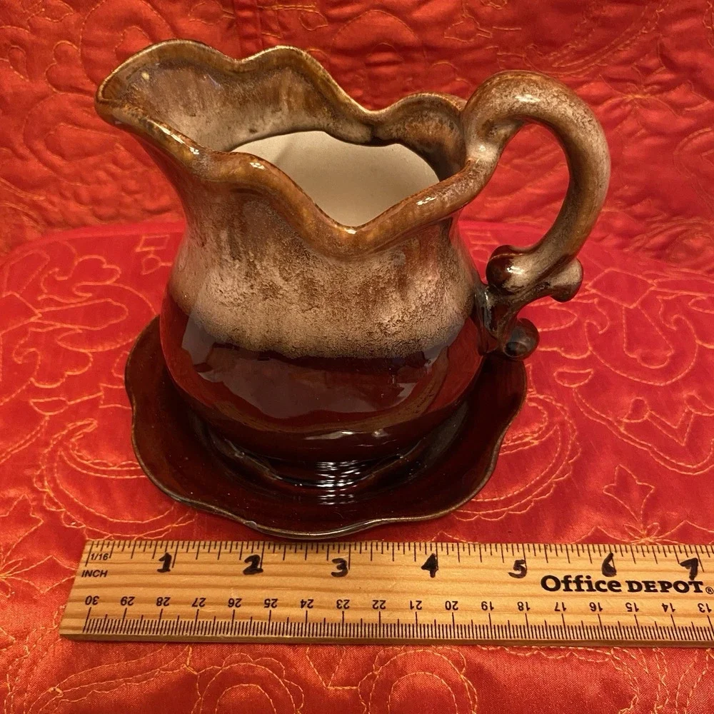 Vintage 2 tone Planter‎ Pitcher with Attached Plate For Built In Drainage.